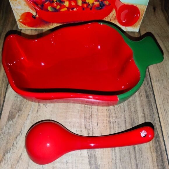 Clay Art Chile Peppers Salsa Server 2-Piece Ceramic Red Green 9890 - Picture 4 of 6